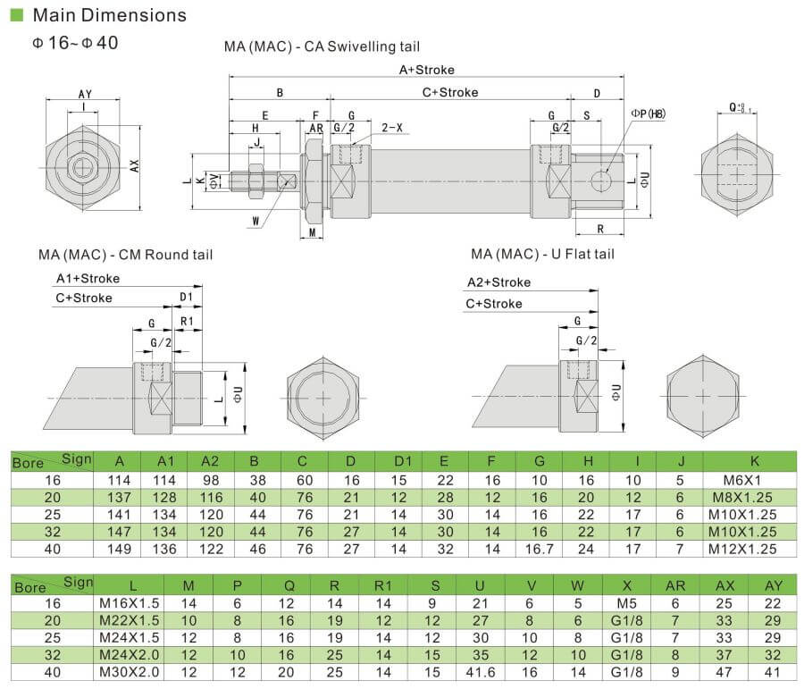 Размеры пневматического цилиндра MA Mini